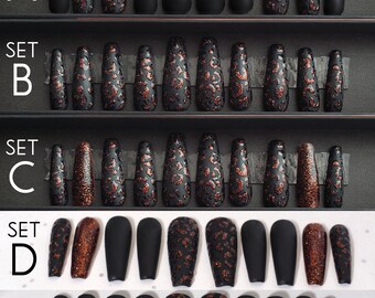 Prensa de gel dibujada a mano en el conjunto de uñas Leopardo negro - Pegamento en las uñas - Prensa de lujo en las uñas con el lado interior negro