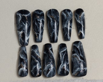 Hand Drawn Coffin Press on nails set Black marble - Glue On nails - Luxury Press On Nails with black inner side