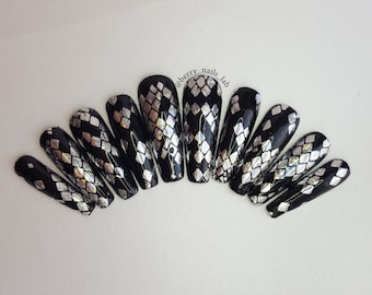 Efecto textural piel de serpiente negra Press on nails set - Glue On nails - Luxury Press On Nails