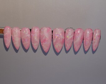 Juego de cuarzo rosa brillante dibujado a mano Prensa en uñas - Pegamento en uñas - Luxury Press On Nails sexy holographic nails