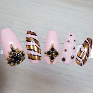 Hand Drawn golden tiger Press on nails set - Glue On nails - Luxury Press On Nails with crystals