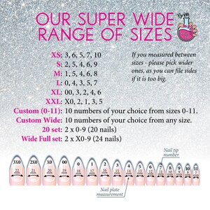 Puede incluir: Un gr&aacute;fico que muestra diferentes tama&ntilde;os de u&ntilde;as en mil&iacute;metros, que van desde 11 mm hasta 22 mm. El gr&aacute;fico incluye una descripci&oacute;n de c&oacute;mo elegir el tama&ntilde;o adecuado para tus u&ntilde;as, incluida una opci&oacute;n personalizada para 10 tama&ntilde;os de tu elecci&oacute;n. El gr&aacute;fico tambi&eacute;n incluye una descripci&oacute;n de diferentes juegos de u&ntilde;as, incluido un juego de 20 u&ntilde;as y un juego de 24 u&ntilde;as.
