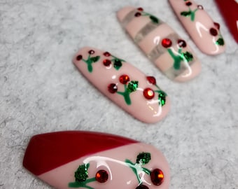 Juego de prensa de cereza pintado a mano en las uñas - Pegamento en las uñas - Prensa de lujo en las uñas / ajuste extra ancho disponible