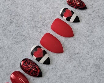 XL Hand Drawn medium stilettoes Press on nails set - Glue On stick on nails - Luxury Press On Nails Uñas uñas uñas garra de San Valentín