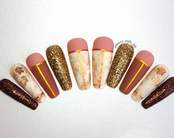 Brillo dorado otoñal dibujado a mano Press on nails set - Glue On nails - Luxury Press On Nails sexy coffin ballerina nails