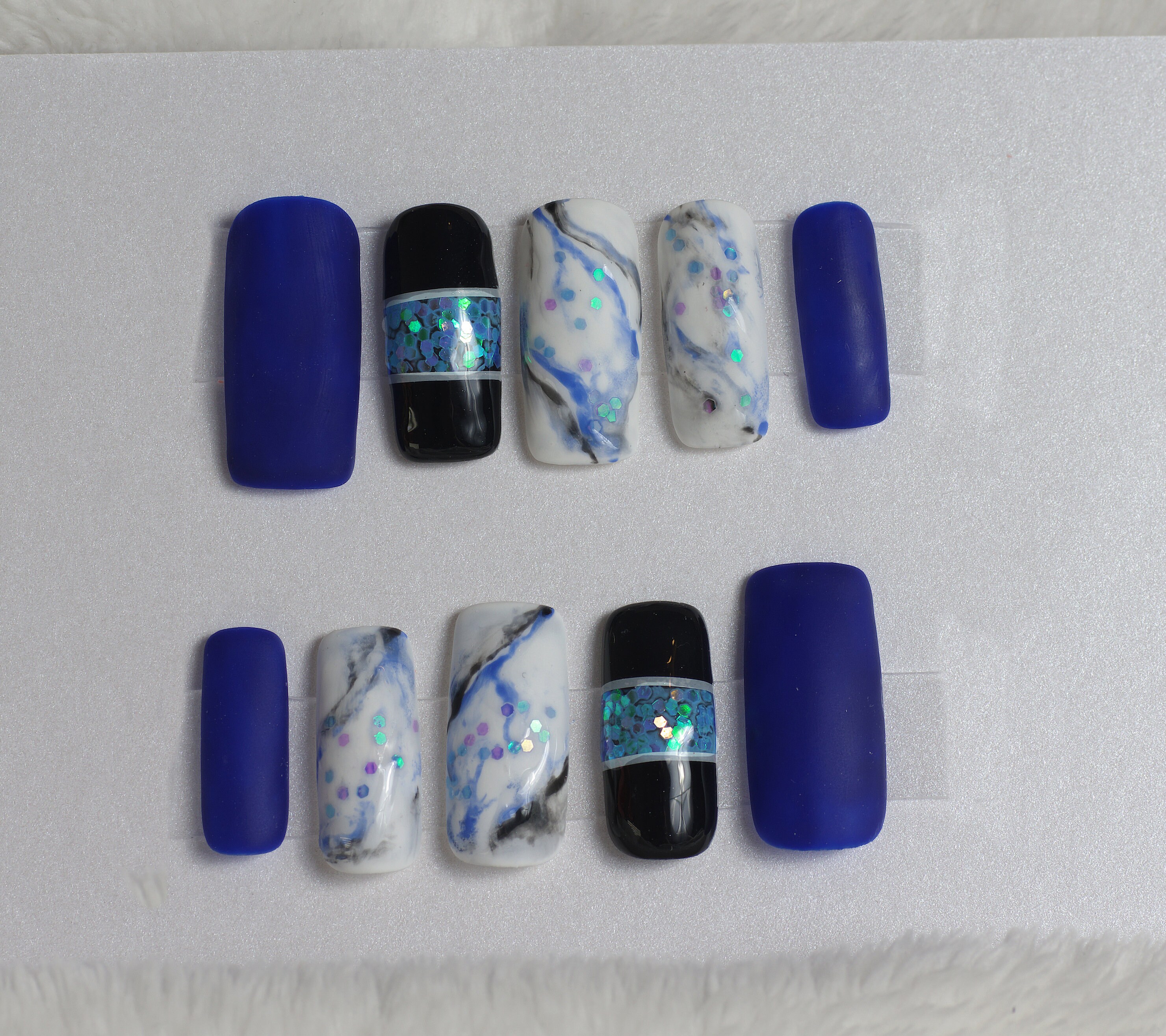 Hand Drawn square Press on nails set Blue sequins - Glue On nails - Luxury Press On Nails marble