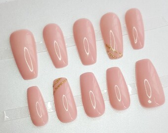 NUDE pintado a mano Prensa sobre conjunto de uñas con líneas de purpurina dorada - color natural Pegamento en las uñas - Luxury Press On Nails personalizado