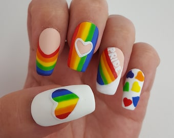 Hand painted Pride LGBT Press on nails set - Glue On nails - Luxury Press On Nails  / extra wide fit available