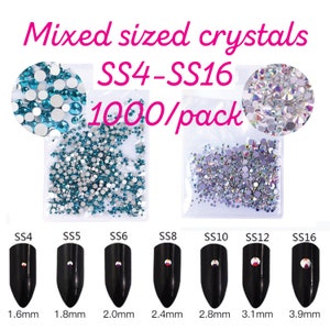 May include: A pack of 1000 mixed-sized clear crystals in a variety of sizes from SS4 to SS16. The crystals are in two separate bags, one with blue crystals and one with clear crystals. The image also shows the size of each crystal in millimeters.