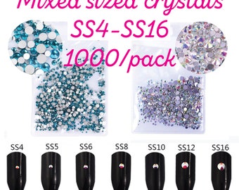 1000/pack Mixed sized crystals SS4-SS16 AB Crystals Flatback Rhinestones For Nails 3D Nail Art Decoration Gemstones