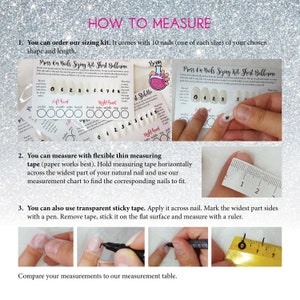 Puede incluir: C&oacute;mo medir tus u&ntilde;as para las u&ntilde;as postizas. La imagen muestra un kit de tallas con 10 u&ntilde;as, una cinta m&eacute;trica y una regla. Las instrucciones dicen que debes medir la parte m&aacute;s ancha de tu u&ntilde;a natural y usar la tabla para encontrar el tama&ntilde;o de u&ntilde;a correspondiente.