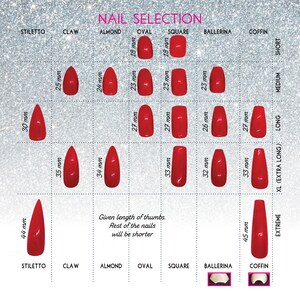 Puede incluir: Gr&aacute;fico que muestra diferentes formas y longitudes de u&ntilde;as en mil&iacute;metros. Las formas incluyen stiletto, garra, almendra, ovalada, cuadrada, bailarina y ata&uacute;d. Las longitudes var&iacute;an de 18 mm a 45 mm.