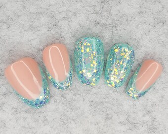 Brillo dibujado a mano Prensa en las uñas juego de cerceta sirena - Pegamento en las uñas - Luxury Press On Nails personalizado personalizado