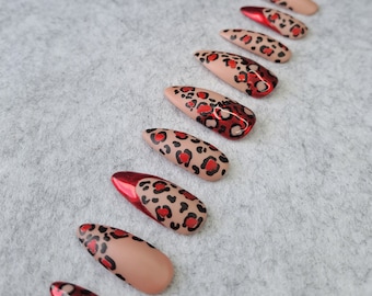 Hand Drawn red foiled leopard Press on nails set - Glue On nails - Luxury Press On Nails gepard