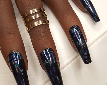 Black Glass effect nails / Hand painted foiled Press on nails in gloss / black quartz nails