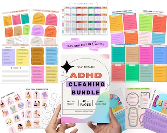 May include: A printable bundle of 40+ pages of ADHD cleaning checklists, chore charts, and reward systems. The bundle is fully editable in Canva and includes instructions. The pages are colorful and feature a variety of designs.