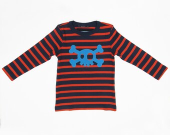 Age 18m-2yrs Toddlers Pirate T-shirt, Hand Appliquéd Skull & Crossbones. Orange/Navy Stripe Long Sleeve Tee Shirt, Blue Jolly Roger Logo