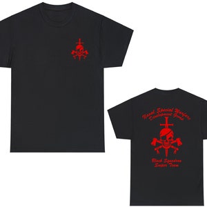 May include: Two black t-shirts with red text and graphics. The front of the shirt has a skull and crossbones graphic. The back of the shirt has a skull and crossbones graphic with the text "Naval Special Warfare Development Group Black Squadron Sniper Team".