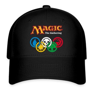 May include: Black baseball cap featuring the Magic: The Gathering logo and the five coloured mana symbols in a circle.