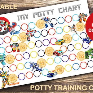 May include: A printable Transformers potty training chart with a colorful path of circles and Transformers characters. The chart says "My Potty Chart" and "Potty Training Chart".