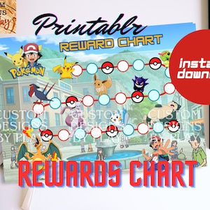 May include: Printable Pokemon reward chart with a colorful design featuring various Pokemon characters. The chart has a circular path with spaces for stickers or stamps. The text "Printable Reward Chart" and "Rewards Chart" are in bold red letters.