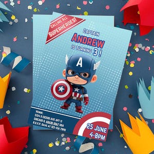 Captain America Karte Geburtstagsparty einladen | Geburtstags-Einladung zu bestaunen | Bearbeitbare digitale Vorlage | Captain America Karte einladen