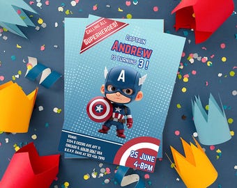 Captain America Card Birthday Party Invite | Marvel Birthday Invitation | Editable Digital Template | Captain America Card Invite