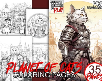 Planet of Cats coloring pages for adults, cities coloring page, printable PDF coloring pages
