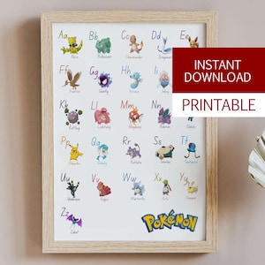 May include: A printable alphabet chart featuring Pokemon characters. Each letter of the alphabet is paired with a Pokemon character, such as Abra for A, Bulbasaur for B, and Charmander for C. The chart is framed in a light wood frame and has the word "Pokemon" at the bottom.