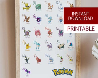 Pokemon Alphabet Poster, Handwriting Chart Print, Educational Wall Art Printable, Homeschool Classroom, ABC Poster, Pikachu, Eevee, Snorlax