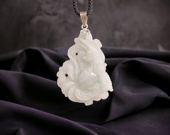 Colgante de jade de zorro de nueve colas para collar, jade natural, zorro de jade blanco, zorro jadeíta, piedras preciosas birmanas, joyería tallada, mitología china