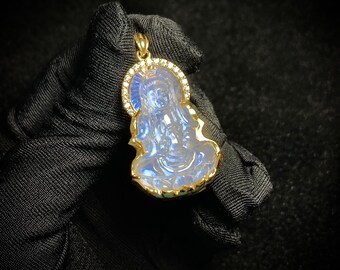 Guan Yin Moonstone Pendent, Avalokitesvara Bodhisattva Borded By 10k Gold Pendant, Mother’s Day Gift, Avalokitesvara Bodhisattva Pendant