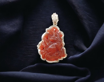 Nine-Tailed Fox Agate Pendant for Necklace, Natural Agate Pendant, Agate Necklace, Burmese Gemstones, Chinese Mythology, Carved Jewelry