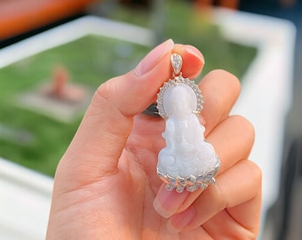 Avalokitesvara Bodhisattva White Jade Pendant for Necklace, Guan Yin, Buddha Jadeite Pendant, Peace, Calming, Mother's Day gifts