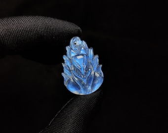 Nine-Tailed Fox Moonstone Pendant for Necklace, Blue White, Natural Moonstone, Burmese Gemstones, Carved Jewelry, Chinese Mythology