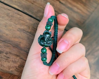 九尾の狐の天然翡翠ブレスレット、翡翠の狐ブレスレット、彫刻ジュエリー、ビルマ産宝石、中国神話、狐のジュエリー、ギフトブレスレット