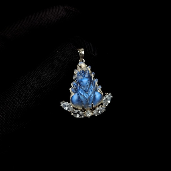 Nine-Tailed Fox Moonstone Pendant for Necklace, Blue White, Carved Jewelry, Natural Moonstone, Burmese Gemstones, Chinese Mythology