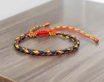 Braided Tibetan Bracelet - Buddhist Lucky Knots, Adjustable Unisex Jewelry, Black & Gold Beads