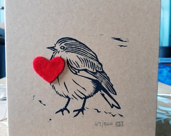 Handmade Lino cut Robin Redbreast Heart card - Natural