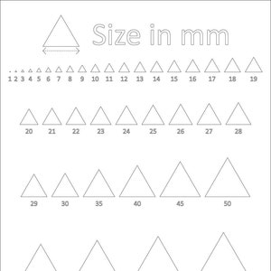 Puede incluir: Un gráfico que muestra diferentes tamaños de triángulos en milímetros. El gráfico está etiquetado como "Tamaño en mm" y muestra triángulos que van desde 1 hasta 100 milímetros.