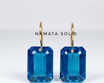 Orecchini pendenti con topazio blu di Londra in oro 14 carati, orecchini pendenti blu taglio smeraldo, gioielli con pietra portafortuna di dicembre, regalo di lusso per lei