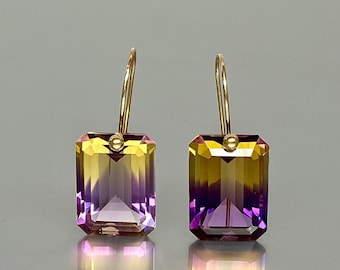 14K/18K  SOLID GOLD Ametrine Earrings, One Of A-Kind Jewelry, Statement Earrings, Bicolor Ametrine Earrings, Ametrine Jewelry  Gift For Her.