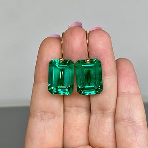 14K/18k SOLID GOLD Colombian Emerald Earrings(30 ct), Statement Earrings, October Birthstone, Green Stone, Emerald Jewellery Gift For Her