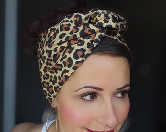 Turban "Leopard" Drahtturban Turbantuch Turbanstirnband Turbanhaarband Haarband Stirnband Headwrap Leo Leohaarband Animalprint Hipster beige