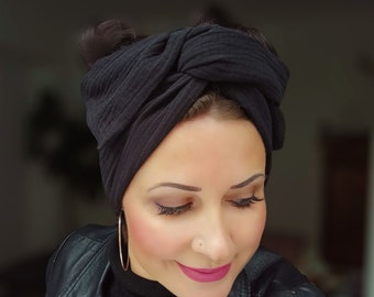 Turban "Mousseline Schwarz" mit Draht Drahtturban Drahthaarband Musselin Musselinhaarband Turbanhaarband Haarband Drahttuch boho uni basic