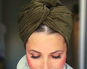 Turban "Yama Oliv" olivgrün olive khaki Cord Drahthaarband Drahtturban olivgrün Breitcord Draht Fairfashion Slowfashion Hipster Vintage boho