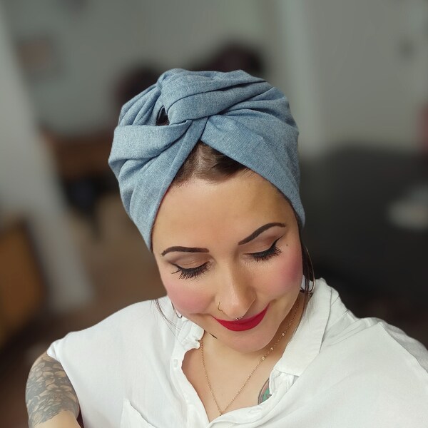 Turban mit Draht "Denim Light Blue" Drahthaarband vintage Jeans Jeanshaarband Jeansturban Drahtstirnband Stirnband Draht Haarband blau Basic