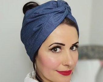 Turban mit Draht "Denim Dark Blue" Drahthaarband vintage Jeans Jeanshaarband Jeansturban Drahtstirnband Draht Haarband dunkelblau Basic uni