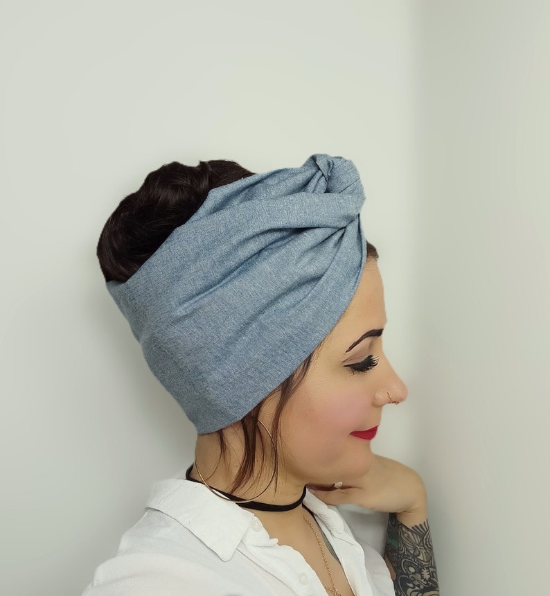 Turban mit Draht Denim Light Blue Drahthaarband vintage Jeans Jeanshaarband Jeansturban Drahtstirnband Stirnband Draht Haarband blau Basic Bild 5