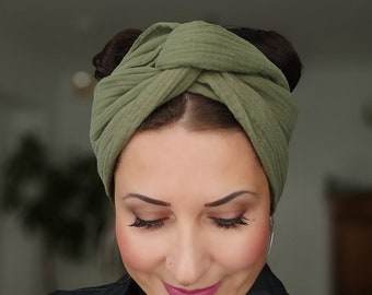 Turban "Mousseline Oliv" mit Draht Drahtturban Drahthaarband Musselin Musselinhaarband Turbanhaarband Haarband Drahttuch boho uni basic